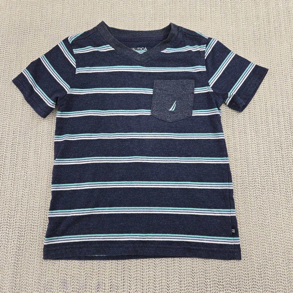 Nautica Shirt Boys 4T Blue Green White Striped Pocket Tee Short Sleeve Casual